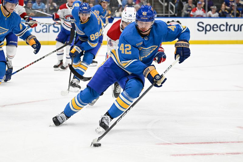 Nov 4, 2023; St. Louis, Missouri, USA; St. Louis Blues right wing Kasperi Kapanen (42) skates against the Montreal Canadiens during the first period at Enterprise Center. Mandatory Credit: Jeff Le-USA TODAY Sports