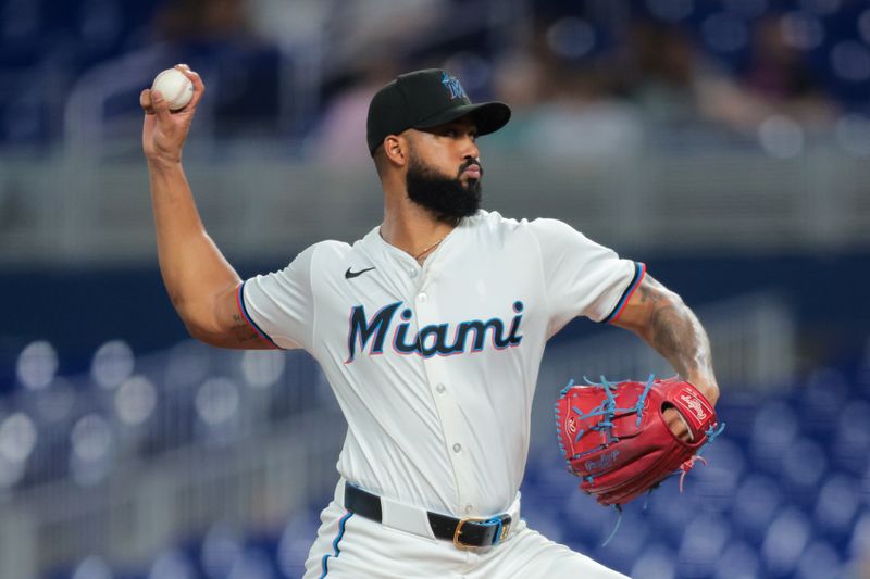 Jun 3, 2025; Miami, Florida, USA; Miami Marlins starting pitcher Sandy Alcantara (22) delivers a pitch against the Colorado Rockies during the first inning at loanDepot Park. Mandatory Credit: Sam Navarro-Imagn Images