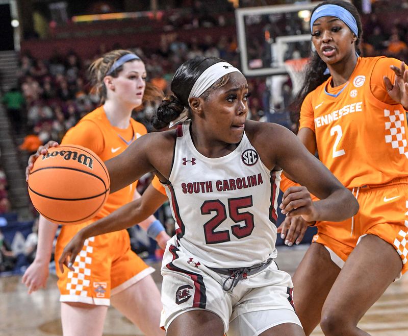 Mar 5, 2023; Greenville, SC, USA; South Carolina guard Raven Johnson (25) dribbles the ball near Tennessee forward Rickea Jackson (2) during the third quarter of the SEC Women's Basketball Tournament at Bon Secours Wellness Arena. Mandatory Credit: Ken Ruinard-USA TODAY Sports