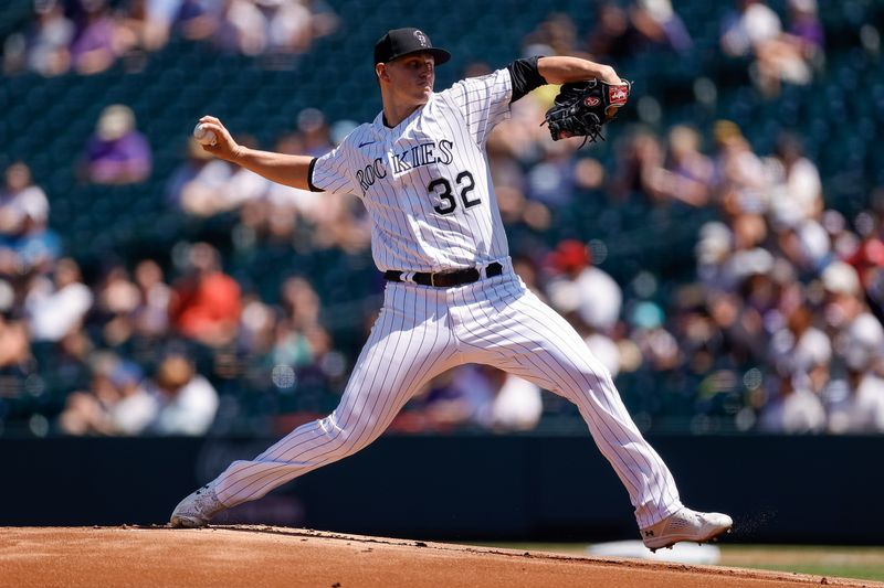 Aug 20, 2023; Denver, Colorado, USA; Colorado Rockies starting pitcher Chris Flexen (32) pitches in the first inning against the Chicago White Sox at Coors Field. Mandatory Credit: Isaiah J. Downing-USA TODAY Sports