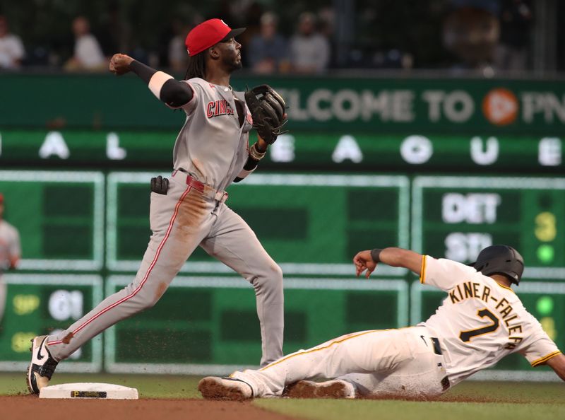 May 19, 2025; Pittsburgh, Pennsylvania, USA;  Cincinnati Reds shortstop Elly De La Cruz (44) throws to first base to complete a double play over Pittsburgh Pirates shortstop Isiah Kiner-Falefa (7) during the seventh inning at PNC Park. Mandatory Credit: Charles LeClaire-Imagn Images