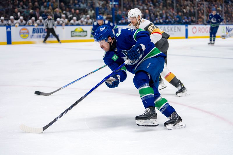 Apr 8, 2024; Vancouver, British Columbia, CAN; Vancouver Canucks forward Conor Garland (8) drives past Vegas Golden Knights defenseman Shea Theodore (27) in the third period at Rogers Arena. Canucks won 4 -3. Mandatory Credit: Bob Frid-USA TODAY Sports