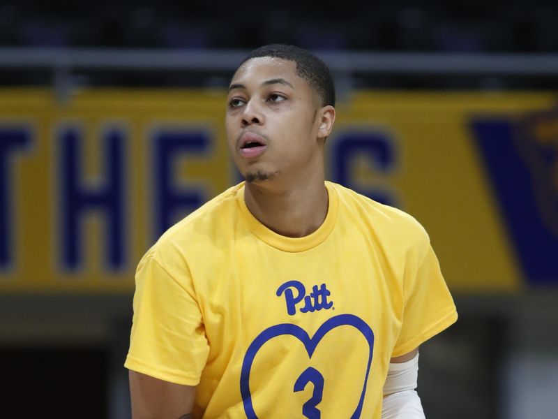 Jan 7, 2023; Pittsburgh, Pennsylvania, USA;  Pittsburgh Panthers guard Greg Elliott (3) warms up in a shirt in support of Buffalo Bills and former Pittsburgh Panthers defensive back Damar Hamlin (not pictured) before the Panthers play the Clemson Tigers in an ACC basketball contest at the Petersen Events Center. Mandatory Credit: Charles LeClaire-USA TODAY Sports