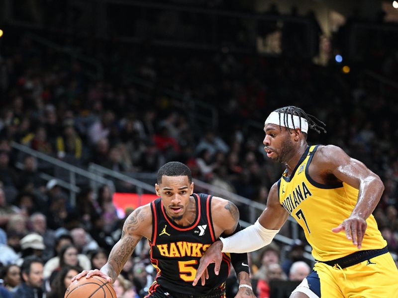 ATLANTA, GA - JANUARY 12: Dejounte Murray #5 of the Atlanta Hawks dribbles the ball during the game against the Indiana Pacers on January 12, 2024 at State Farm Arena in Atlanta, Georgia.  NOTE TO USER: User expressly acknowledges and agrees that, by downloading and/or using this Photograph, user is consenting to the terms and conditions of the Getty Images License Agreement. Mandatory Copyright Notice: Copyright 2024 NBAE (Photo by Adam Hagy/NBAE via Getty Images)