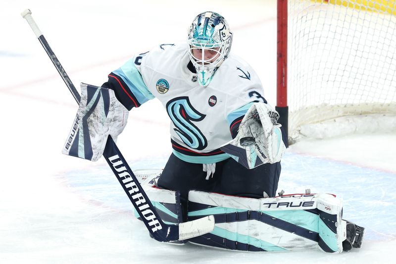 Jan 16, 2025; Winnipeg, Manitoba, CAN; Seattle Kraken goaltender Joey Daccord (35) warms up before a game against the Winnipeg Jets at Canada Life Centre. Mandatory Credit: James Carey Lauder-Imagn Images