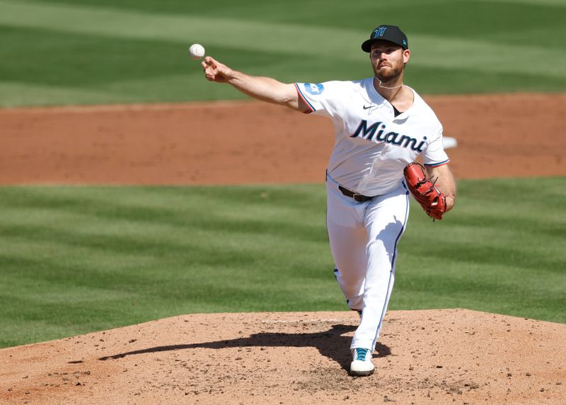 Feb 25, 2024; Jupiter, Florida, USA; Miami Marlins relief pitcher Anthony Bender (37) throws against the Washington Nationals during the third inning at Roger Dean Chevrolet Stadium. Mandatory Credit: Rhona Wise-USA TODAY Sports