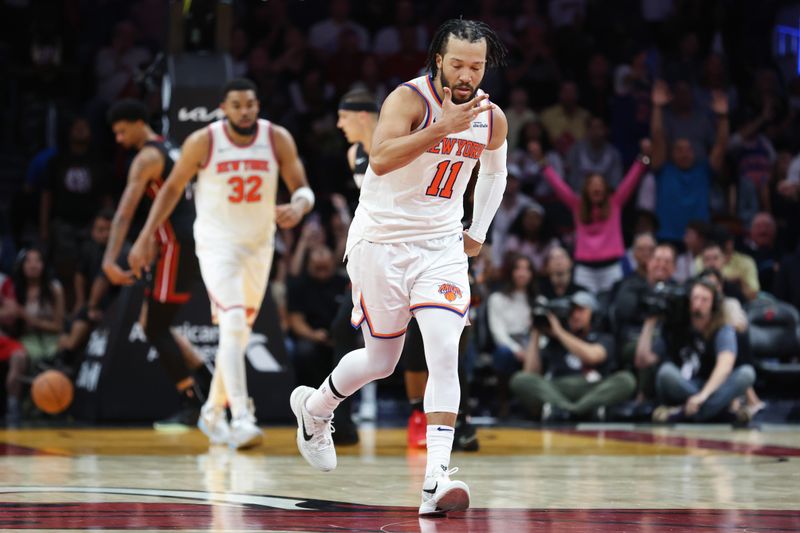 MIAMI, FLORIDA - MARCH 02: Jalen Brunson #11 of the New York Knicks celebrates after making a basket against the Miami Heat during the fourth quarter of the game at Kaseya Center on March 02, 2025 in Miami, Florida. NOTE TO USER: User expressly acknowledges and agrees that, by downloading and or using this photograph, User is consenting to the terms and conditions of the Getty Images License Agreement. (Photo by Megan Briggs/Getty Images)