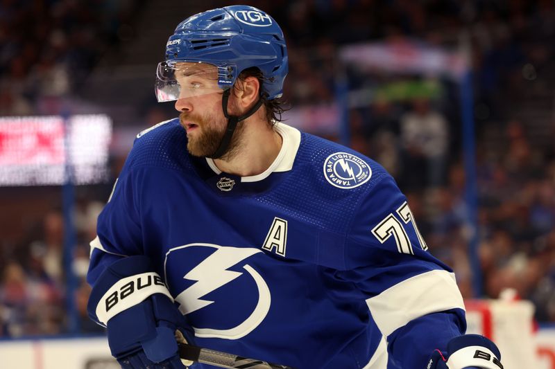 Apr 11, 2024; Tampa, Florida, USA; Tampa Bay Lightning defenseman Victor Hedman (77) skates with the puck against the Ottawa Senators during the second period at Amalie Arena. Mandatory Credit: Kim Klement Neitzel-USA TODAY Sports