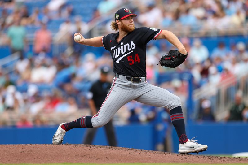 Mar 13, 2026; Dunedin, Florida, USA; Minnesota Twins pitcher Zak Kent (54) throws a pitch against the Toronto Blue Jays in the fourth inning during spring training at TD Ballpark. Mandatory Credit: Nathan Ray Seebeck-Imagn Images