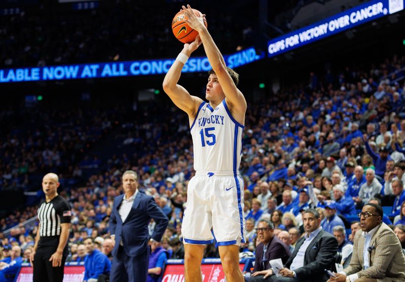 Nov 24, 2023; Lexington, Kentucky, USA; Kentucky Wildcats guard Reed Sheppard (15) shoots the ball during the second half against the Marshall Thundering Herd at Rupp Arena at Central Bank Center. Mandatory Credit: Jordan Prather-USA TODAY Sports