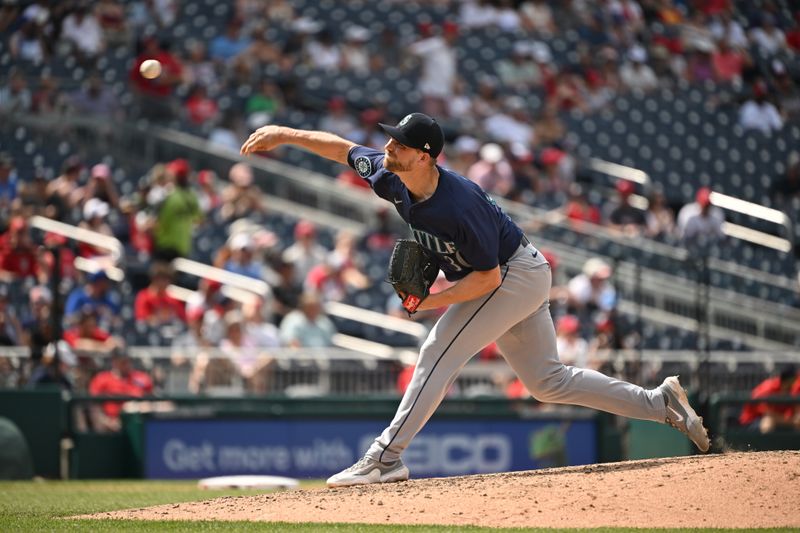 May 26, 2024; Washington, District of Columbia, USA; Seattle Mariners relief pitcher Austin Voth (30) throws a pitch against the Washington Nationals during the eighth inning at Nationals Park. Mandatory Credit: Rafael Suanes-USA TODAY Sports