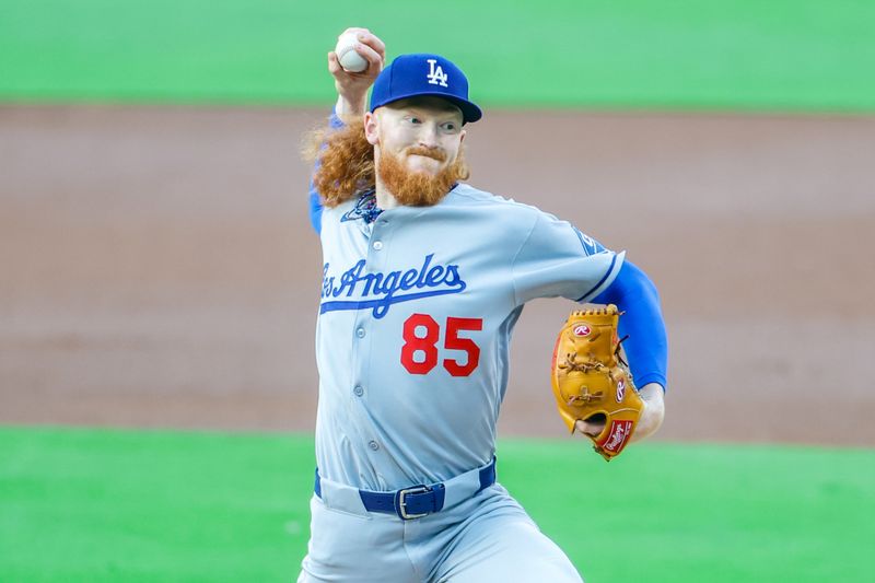 Jun 9, 2025; San Diego, California, USA; Los Angeles Dodgers starting pitcher Dustin May (85) throws a pitch during the first inning against the San Diego Padres at Petco Park. Mandatory Credit: David Frerker-Imagn Images