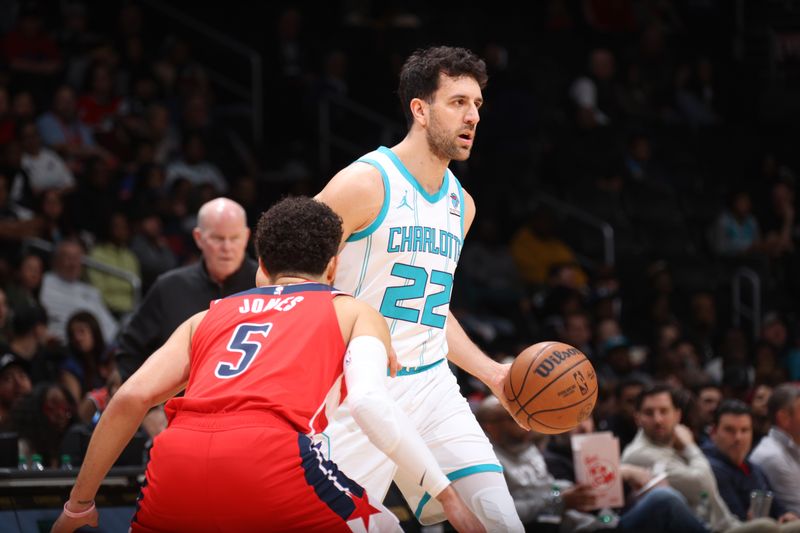 WASHINGTON, DC -? MARCH 8:  Vasilije Micic #22 of the Charlotte Hornets handles the ball during the game  on March 8, 2024 at Capital One Arena in Washington, DC. NOTE TO USER: User expressly acknowledges and agrees that, by downloading and or using this Photograph, user is consenting to the terms and conditions of the Getty Images License Agreement. Mandatory Copyright Notice: Copyright 2024 NBAE (Photo by Stephen Gosling/NBAE via Getty Images)