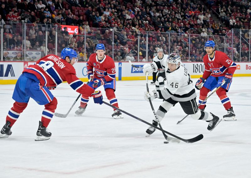 Dec 7, 2023; Montreal, Quebec, CAN; Los Angeles Kings forward Blake Lizotte (46) plays the puck and Montreal Canadiens defenseman Mike Matheson (8) defends during the third period at the Bell Centre. Mandatory Credit: Eric Bolte-USA TODAY Sports