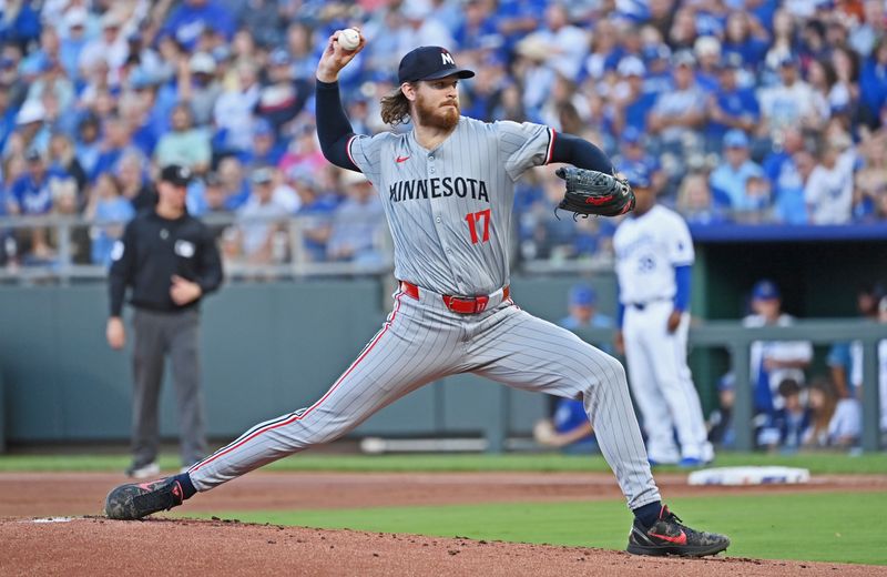 Sep 7, 2024; Kansas City, Missouri, USA; Minnesota Twins starting pitcher Bailey Ober (17) pitches in the first inning against the Kansas City Royals at Kauffman Stadium. Mandatory Credit: Peter Aiken-Imagn Images