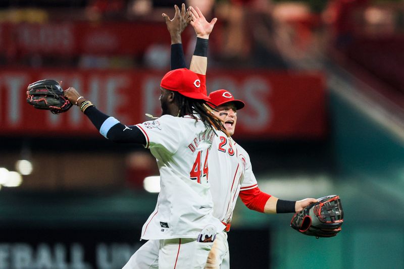 Jul 30, 2024; Cincinnati, Ohio, USA; Cincinnati Reds outfielder TJ Friedl (29) high fives shortstop Elly De La Cruz (44) after the victory over the Chicago Cubs at Great American Ball Park. Mandatory Credit: Katie Stratman-USA TODAY Sports