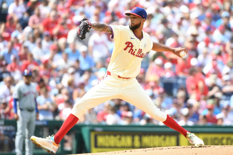 Sep 15, 2024; Philadelphia, Pennsylvania, USA; Philadelphia Phillies pitcher Cristopher Sánchez (61)  throws a pitch during the second inning against the New York Mets at Citizens Bank Park. Mandatory Credit: Eric Hartline-Imagn Images