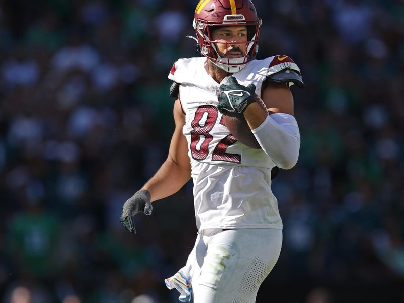 Washington Commanders tight end Logan Thomas (82) in action against the Philadelphia Eagles during an NFL football game, Sunday, Oct. 1, 2023, in Philadelphia. The Eagles defeated the Commanders 34-31. (AP Photo/Rich Schultz)