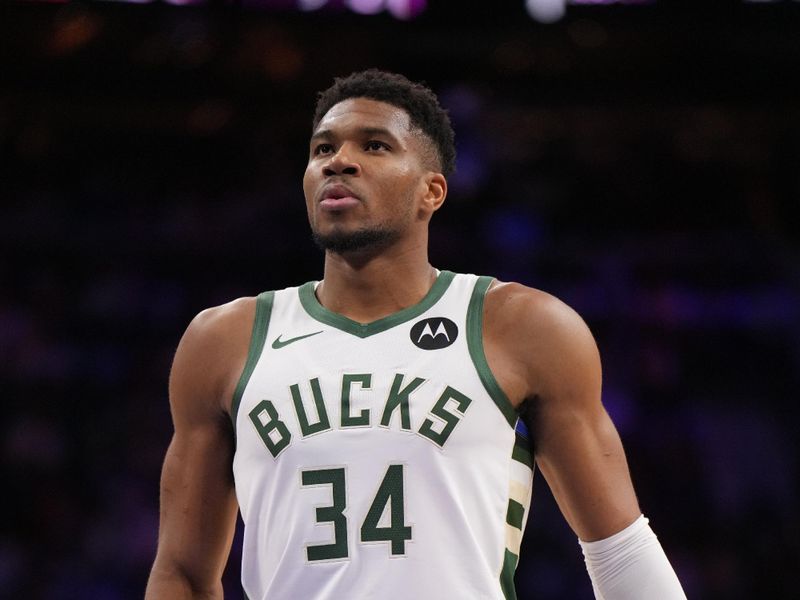 PHILADELPHIA, PA - OCTOBER 23: Giannis Antetokounmpo #34 of the Milwaukee Bucks looks on during the game against the Philadelphia 76ers on October 23, 2024 at the Wells Fargo Center in Philadelphia, Pennsylvania NOTE TO USER: User expressly acknowledges and agrees that, by downloading and/or using this Photograph, user is consenting to the terms and conditions of the Getty Images License Agreement. Mandatory Copyright Notice: Copyright 2024 NBAE (Photo by Jesse D. Garrabrant/NBAE via Getty Images)