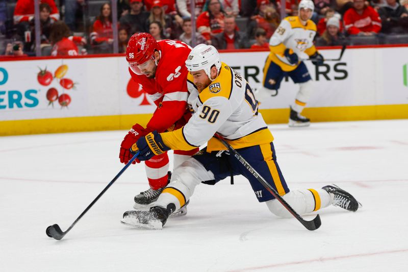 Dec 29, 2023; Detroit, Michigan, USA; Nashville Predators center Ryan O'Reilly (90) fights for control of the puck from Detroit Red Wings defenseman Jake Walman (96) during the first of the game between the Nashville Predators and the Detroit Red Wings at Little Caesars Arena. Mandatory Credit: Brian Bradshaw Sevald-USA TODAY Sports