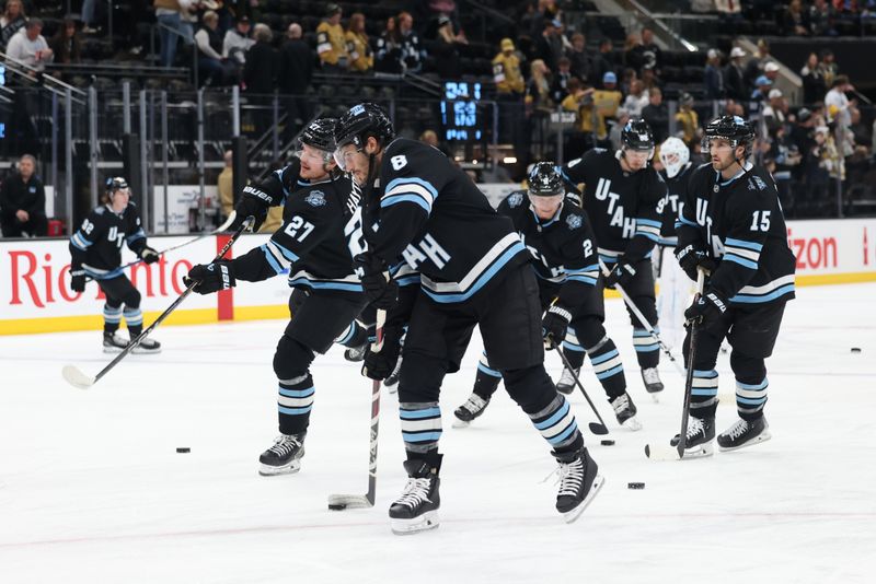 Nov 15, 2024; Salt Lake City, Utah, USA; The Utah Hockey Club warms up before a game the Vegas Golden Knights at Delta Center. Mandatory Credit: Rob Gray-Imagn Images