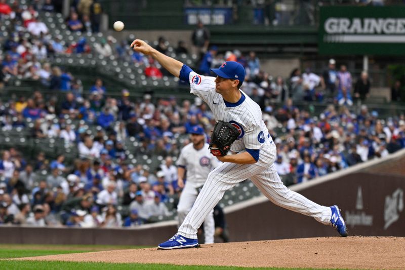 Sep 28, 2024; Chicago, Illinois, USA;  Chicago Cubs pitcher Kyle Hendricks (28) delivers against the Cincinnati Reds during the first inning at Wrigley Field. Mandatory Credit: Matt Marton-Imagn Images