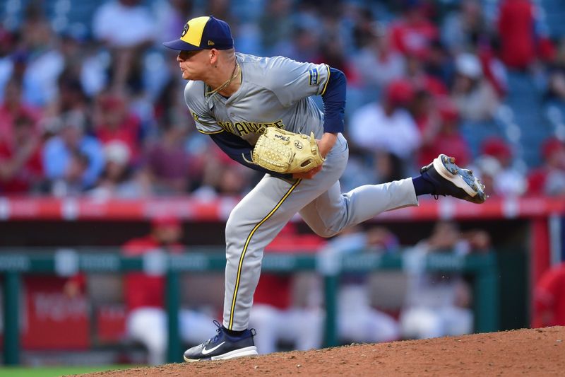 Jun 18, 2024; Anaheim, California, USA; Milwaukee Brewers pitcher Tobias Myers (36) throws against the Los Angeles Angels during the fourth inning at Angel Stadium. Mandatory Credit: Gary A. Vasquez-USA TODAY Sports