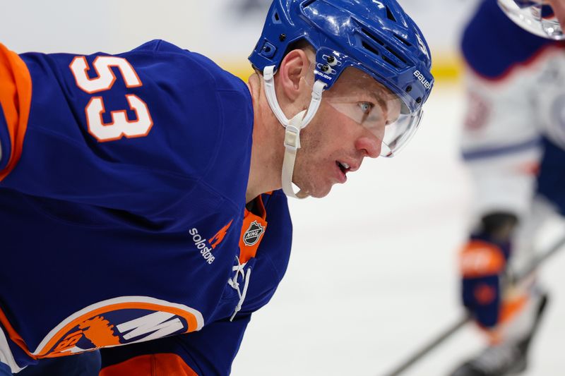 Mar 14, 2025; Elmont, New York, USA; New York Islanders center Casey Cizikas (53) before a face-off against the Edmonton Oilers during the first period at UBS Arena. Mandatory Credit: Thomas Salus-Imagn Images