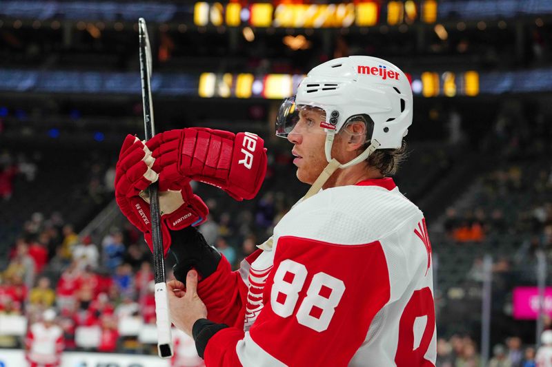 Mar 9, 2024; Las Vegas, Nevada, USA; Detroit Red Wings right wing Patrick Kane (88) warms up before a game against the Vegas Golden Knights at T-Mobile Arena. Mandatory Credit: Stephen R. Sylvanie-USA TODAY Sports