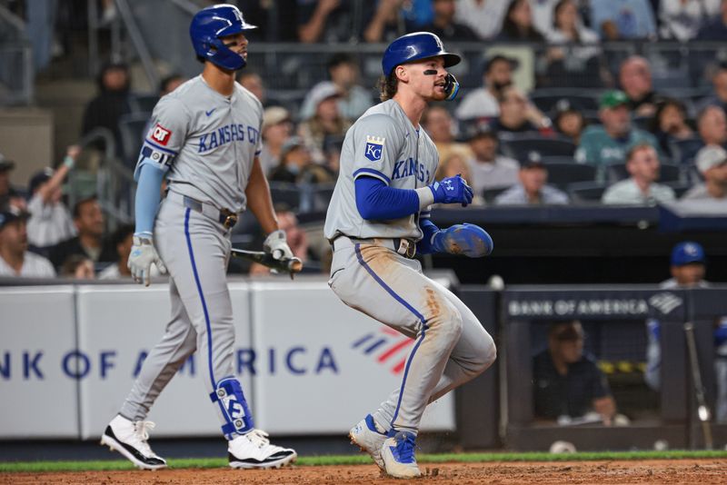 Sep 10, 2024; Bronx, New York, USA; Kansas City Royals shortstop Bobby Witt Jr. (7) looks up after scoring a run on an RBI single by catcher Salvador Perez (not pictured) during the third inning against the New York Yankees at Yankee Stadium. Mandatory Credit: Vincent Carchietta-Imagn Images