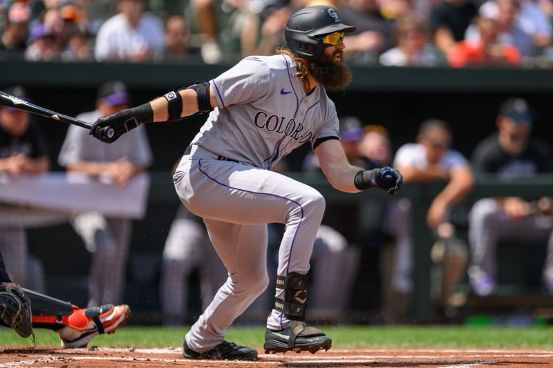 Aug 27, 2023; Baltimore, Maryland, USA; Colorado Rockies designated hitter Charlie Blackmon (19) hits a single during the first inning against the Baltimore Orioles at Oriole Park at Camden Yards. Mandatory Credit: Reggie Hildred-USA TODAY Sports