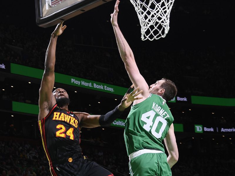 BOSTON, MA - FEBRUARY 7: Bruno Fernando #24 of the Atlanta Hawks shoots the ball during the game against the Boston Celtics on February 7, 2024 at the TD Garden in Boston, Massachusetts. NOTE TO USER: User expressly acknowledges and agrees that, by downloading and or using this photograph, User is consenting to the terms and conditions of the Getty Images License Agreement. Mandatory Copyright Notice: Copyright 2024 NBAE  (Photo by Brian Babineau/NBAE via Getty Images)