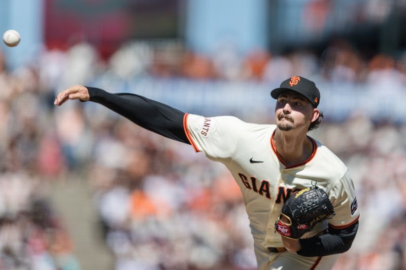 Apr 21, 2024; San Francisco, California, USA;  San Francisco Giants pitcher Sean Hjelle (64) throws against the Arizona Diamondbacks during the eighth inning at Oracle Park. Mandatory Credit: John Hefti-USA TODAY Sports