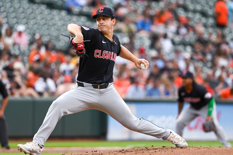 Jun 25, 2024; Baltimore, Maryland, USA;  Cleveland Guardians pitcher Logan Allen (41) throws a second inning pitch against the Baltimore Orioles at Oriole Park at Camden Yards. Mandatory Credit: Tommy Gilligan-USA TODAY Sports