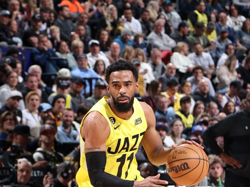 SALT LAKE CITY, UT - FEBRUARY 3: Mike Conley #11 of the Utah Jazz dribbles the ball during the game against the Atlanta Hawks on February 3, 2023 at vivint.SmartHome Arena in Salt Lake City, Utah. NOTE TO USER: User expressly acknowledges and agrees that, by downloading and or using this Photograph, User is consenting to the terms and conditions of the Getty Images License Agreement. Mandatory Copyright Notice: Copyright 2023 NBAE (Photo by Melissa Majchrzak/NBAE via Getty Images)