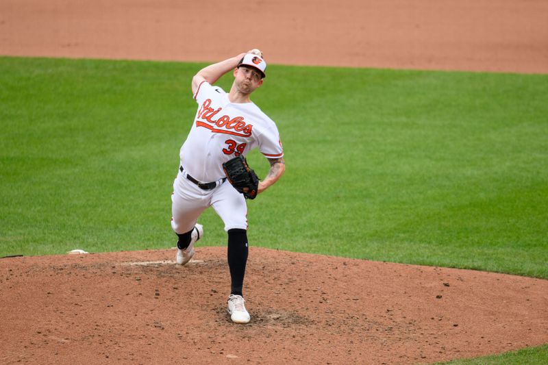 Aug 6, 2023; Baltimore, Maryland, USA; Baltimore Orioles starting pitcher Kyle Bradish (39) throws a pitch during the fourth inning against the New York Mets at Oriole Park at Camden Yards. Mandatory Credit: Reggie Hildred-USA TODAY Sports