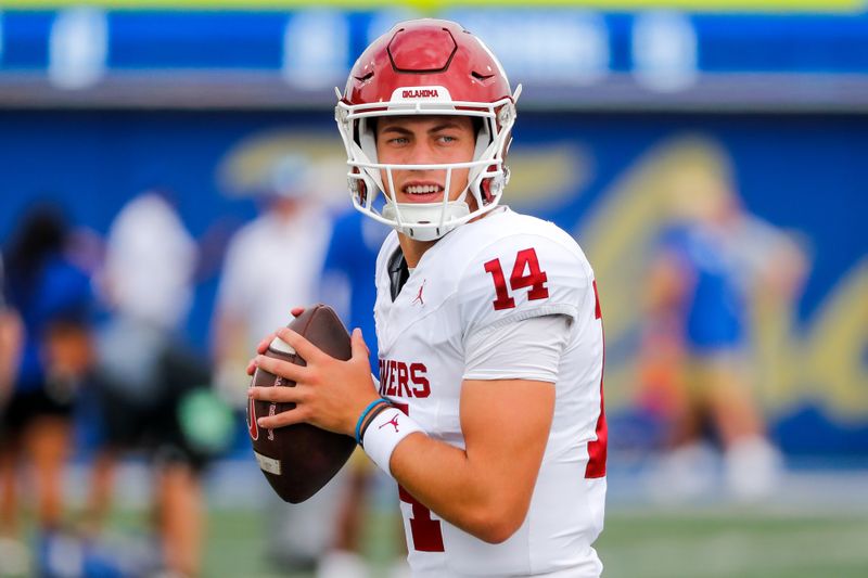 Sep 16, 2023; Tulsa, Oklahoma, USA; Oklahoma Sooners quarterback General Booty (14) warms up before a game against the Tulsa Golden Hurricane at Skelly Field at H.A. Chapman Stadium. Mandatory Credit: Nathan J. Fish-USA TODAY Sports