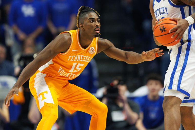 Feb 11, 2025; Lexington, Kentucky, USA; Tennessee Volunteers guard Jahmai Mashack (15) guards Kentucky Wildcats guard Otega Oweh during the first half  at Rupp Arena at Central Bank Center. Mandatory Credit: Jordan Prather-Imagn Images