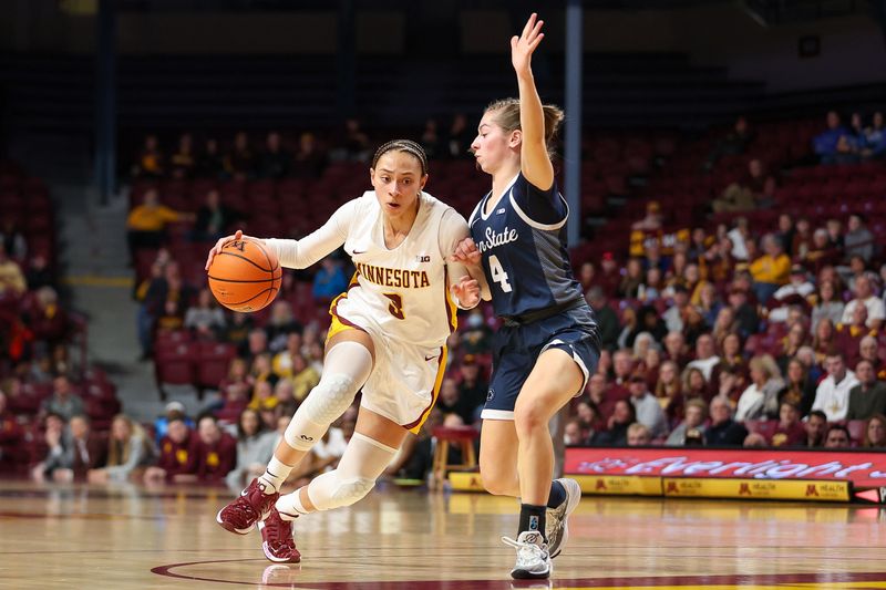 Jan 31, 2024; Minneapolis, Minnesota, USA; Minnesota Golden Gophers guard Amaya Battle (3) works around Penn State Nittany Lions guard Shay Ciezki (4) during the first half at Williams Arena. Mandatory Credit: Matt Krohn-USA TODAY Sports