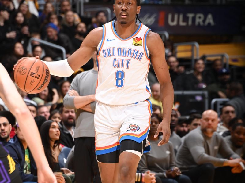 LOS ANGELES, CA - JANUARY 15:  Jalen Williams #8 of the Oklahoma City Thunder handles the ball during the game  on January 15, 2024 at Crypto.Com Arena in Los Angeles, California. NOTE TO USER: User expressly acknowledges and agrees that, by downloading and/or using this Photograph, user is consenting to the terms and conditions of the Getty Images License Agreement. Mandatory Copyright Notice: Copyright 2024 NBAE (Photo by Andrew D. Bernstein/NBAE via Getty Images)
