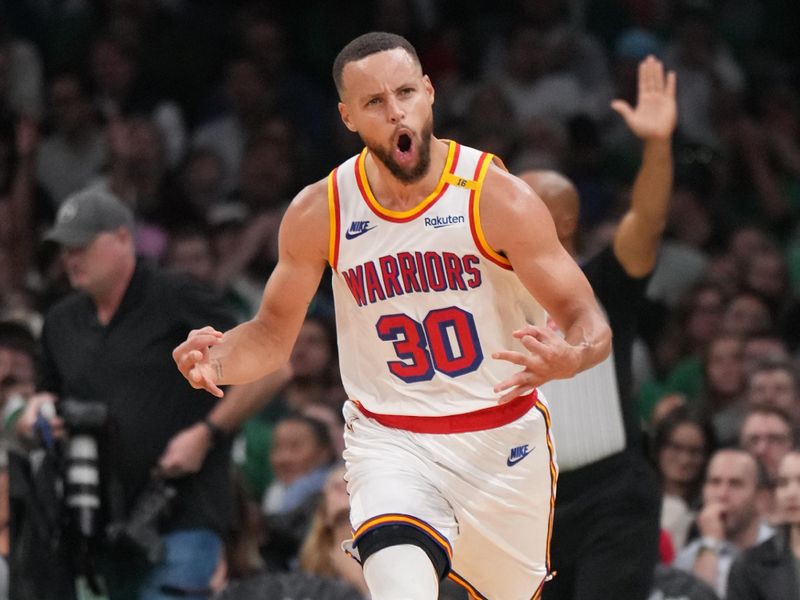 BOSTON, MA - NOVEMBER 6: Stephen Curry #30 of the Golden State Warriors celebrates during the game against the Boston Celtics on November 6, 2024 at TD Garden in Boston, Massachusetts. NOTE TO USER: User expressly acknowledges and agrees that, by downloading and/or using this Photograph, user is consenting to the terms and conditions of the Getty Images License Agreement. Mandatory Copyright Notice: Copyright 2024 NBAE (Photo by Jesse D. Garrabrant/NBAE via Getty Images)