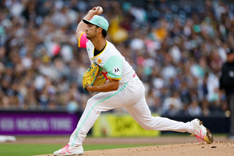 May 24, 2024; San Diego, California, USA;  San Diego Padres starting pitcher Yu Darvish (11) throws a pitch in the first inning against the New York Yankees at Petco Park. Mandatory Credit: David Frerker-USA TODAY Sports