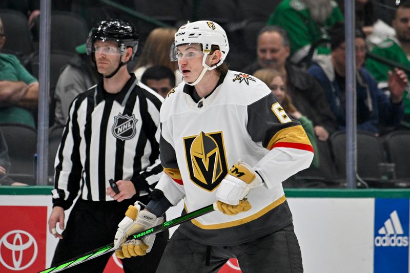 Dec 9, 2023; Dallas, Texas, USA; Vegas Golden Knights defenseman Kaedan Korczak (6) skates against the Dallas Stars during the third period at the American Airlines Center. Mandatory Credit: Jerome Miron-USA TODAY Sports