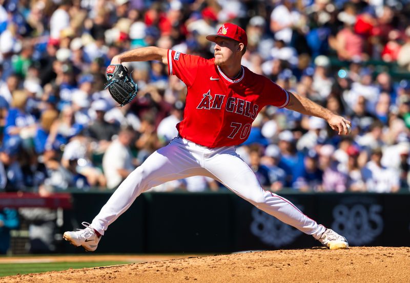 Feb 21, 2026; Tempe, Arizona, USA; Los Angeles Angels pitcher Mitch Farris against the Los Angeles Dodgers during a spring training game at Tempe Diablo Stadium. Mandatory Credit: Mark J. Rebilas-Imagn Images