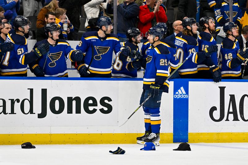 Jan 11, 2024; St. Louis, Missouri, USA;  St. Louis Blues center Jordan Kyrou (25) is congratulated by teammates after scoring his third goal of the game for a hat trick against the New York Rangers during the third period at Enterprise Center. Mandatory Credit: Jeff Curry-USA TODAY Sports