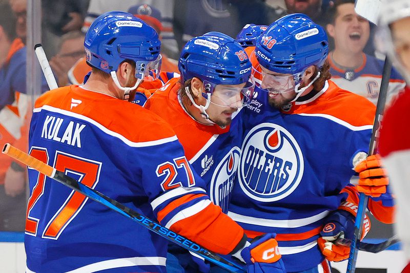 Oct 23, 2025; Edmonton, Alberta, CAN; The Edmonton Oilers celebrate a goal scored by forward David Tomasek (86), his first in the NHL during the first period against the Montreal Canadiens at Rogers Place. Mandatory Credit: Perry Nelson-Imagn Images