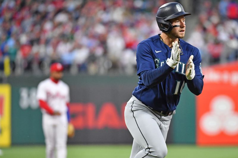 Apr 25, 2023; Philadelphia, Pennsylvania, USA; Seattle Mariners left fielder Jarred Kelenic (10) celebrates after hitting a home run against the Philadelphia Phillies during the fifth inning at Citizens Bank Park. Mandatory Credit: Eric Hartline-USA TODAY Sports