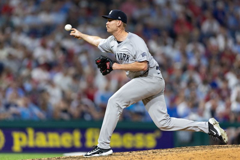 Jul 30, 2024; Philadelphia, Pennsylvania, USA; New York Yankees pitcher Michael Tonkin (50) throws a pitch during the eleventh inning against the Philadelphia Phillies at Citizens Bank Park. Mandatory Credit: Bill Streicher-USA TODAY Sports