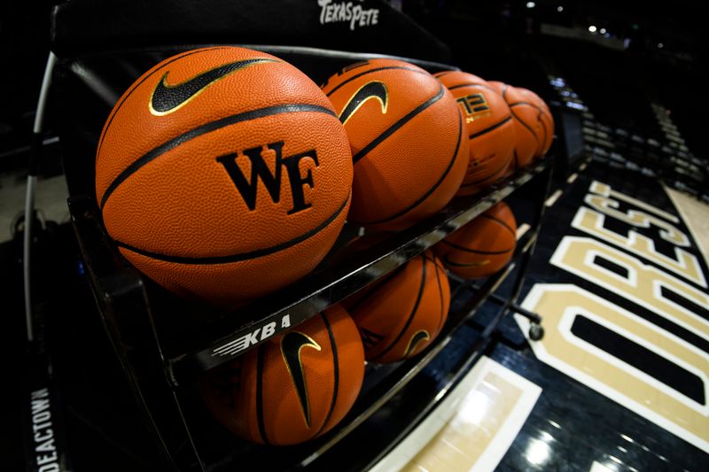 Feb 28, 2023; Winston-Salem, North Carolina, USA; A detailed view of the Wake Forest Demon Deacons basketballs prior to the first half at Lawrence Joel Veterans Memorial Coliseum. Mandatory Credit: William Howard-USA TODAY Sports