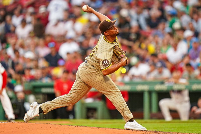 Jun 30, 2024; Boston, Massachusetts, USA; San Diego Padres relief pitcher Wandy Peralta (58) throws a pitch against the Boston Red Sox in the fifth inning at Fenway Park. Mandatory Credit: David Butler II-USA TODAY Sports